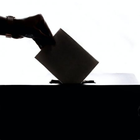 person dropping paper in ballot box